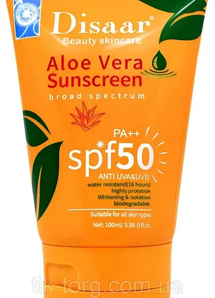 Сонцезахисний крем для обличчя і тіла disaar aloe vera sunscreen broad spectrum spf 50 pa++ anti uva