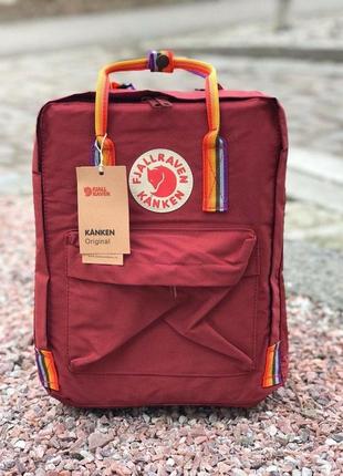 Рюкзак fjallraven kanken classic yellow rainbow бордовый 16л - канкен класссек с радостными ручками