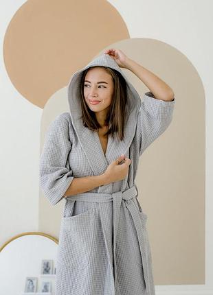 Жіночий халат cosy з капюшоном вафельний, сірий