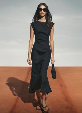 Льняное минималистичное черное платье massimo dutti