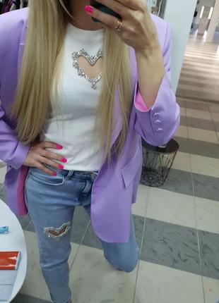 Футболка с сердечком из качественных дорогостоящих камней, сиреневая с-м