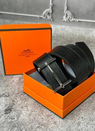 Ремень hermes черный с серебристой пряжкой