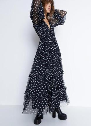 Довга шифонова сукня в горох з красивою спинкою🔥