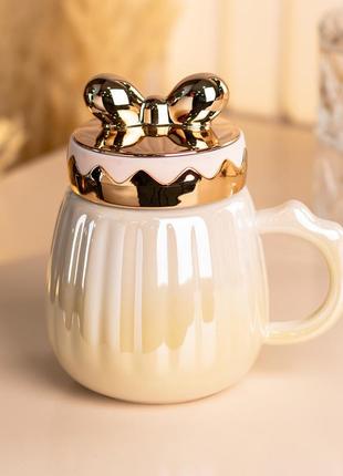 Чашка 500 мл с крышкой "бант" керамическая желтая