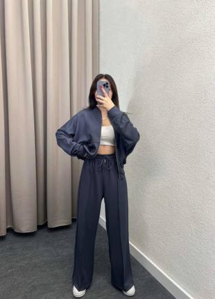 Темно синий трикотажный костюм двойка штаны палаццо+кофта оверсайз в стиле zara 42 44 46 48 50 52