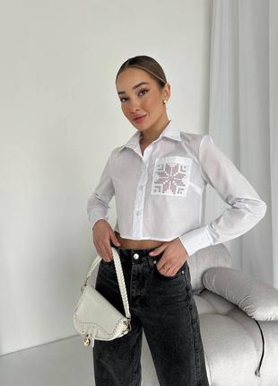 Вкорочена бавовняна сорочка з орнаментом зі страз, жіноча коротка рубашка в етно стилі, 124