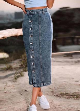 Спідниця довга міді джинсова джинс котон на ґудзиках жіноча відкрита нога юбка літня весняна осіння3 фото