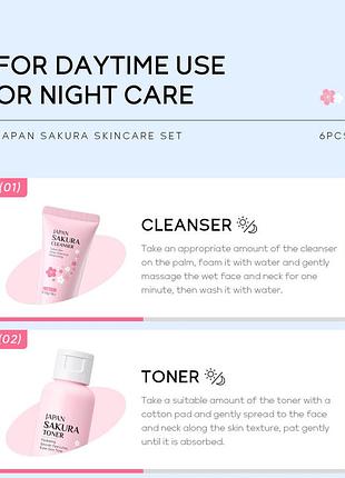 Набір косметики для зволоження та омолодження шкіри обличчя 6в1 laikou japan sakura, 6 продуктів9 фото
