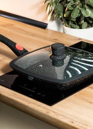 Сковорода 29 см алюминиевая гриль со стеклянной крышкой квадратная ep