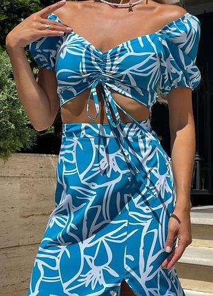 ❗️sale❗️ костюм двойка топ с коротким рукавом и юбка миди с разрезом софт