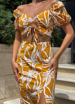 ❗️sale❗️ костюм двойка топ с коротким рукавом и юбка миди с разрезом софт