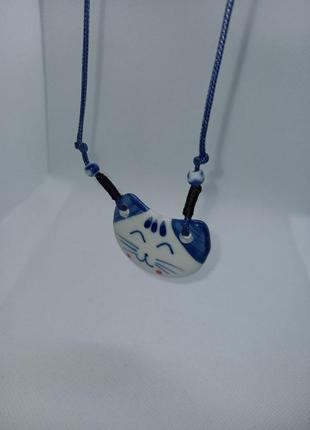 Украшение керамическое бело синий кот кот кот котенок подвеска кулон porcelain ceramic necklace