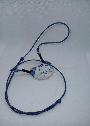 Украшение керамическое бело синий кот кот кот котенок подвеска кулон porcelain ceramic necklace