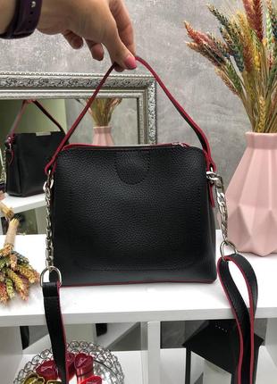 Чорна з червоним усередині — стильна сумочка на три відділення — lady bags, два ремені в комплекті (0388)8 фото