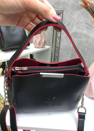 Чорна з червоним усередині — стильна сумочка на три відділення — lady bags, два ремені в комплекті (0388)3 фото
