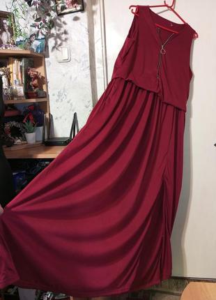 Трикотажное-стрейч,макси платье-трапеция с карманами,на молнии,разрезом,батал