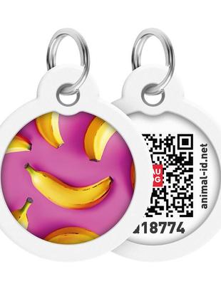 Адресник для собак и котов металлический waudog smart id c qr паспортом, рисунок "бананы на розовом", круг, д 30 мм