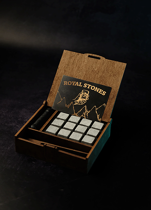 Камни для виски royal stones 12 шт. с мешочком и щипцами в деревянной упаковке с сертификатом