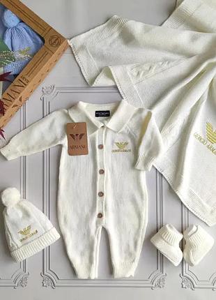 Вязаный набор на выписку, комплект для новорожденных armani.