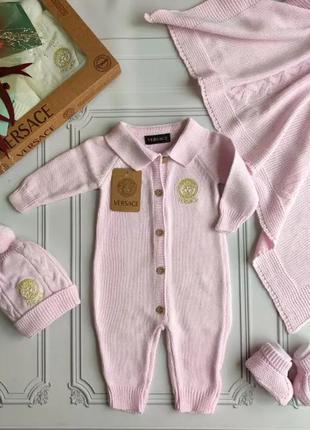 Вязаный набор для новорожденных versace, комплект на выписку розовый