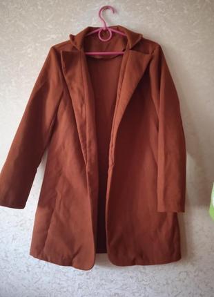 Женское осеннее демисезонное коричневое пальто кардиган без застёжек