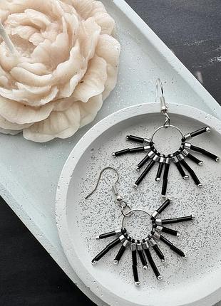 Сережки «клеопатра» стильные черные серебристые тренд hand made in ukraine