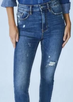 Джинсы zara, джинсы скинни с потертостями, средняя посадка