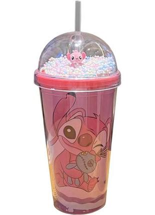 Портативна двошарова чашка мінісо lilo & stitch з соломинкою та кришкою 450 мл (282929991)