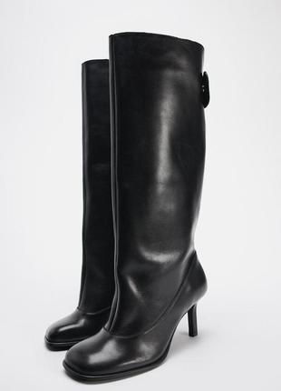 Черные кожаные сапоги женские zara new