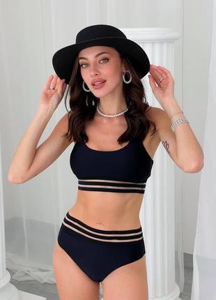 Роздільний купальник високі трусики шортики мякий топ ліф декольте відкрита спинка 2411