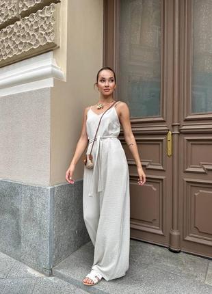 ❗️sale❗️ комбинезон с брюками на бретелях с поясом лён жатк а
