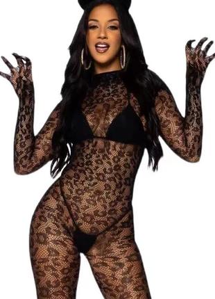 Эротическое сексуальное боди бодисток комбинезон сетка лео тигр кошка