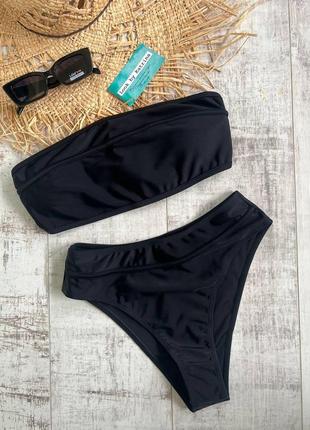 😍🔝черный купальник с высокими плавками и лифом бандо s,m,l