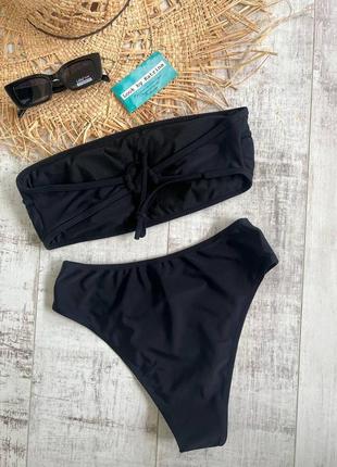 😍🔝черный купальник с высокими плавками и лифом бандо s,m,l