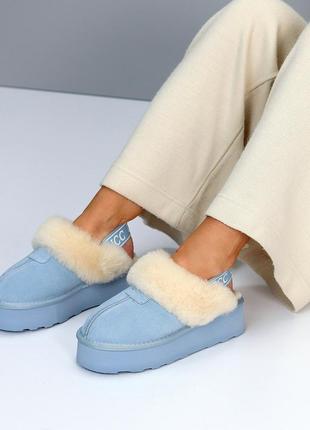 Натуральні замшеві блакитні уггі з відкритою п'ятою