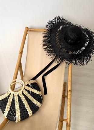 Комплект літня сумка кошик з круглими ручками і широкополий капелюх з бахромою чорний