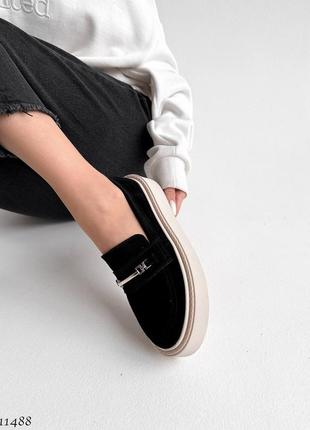 Женские лоферы на утолщенной подошве, платформе из натуральной замши черные, жанкие...