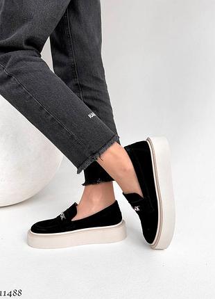 Женские лоферы на утолщенной подошве, платформе из натуральной замши черные, жанкие...