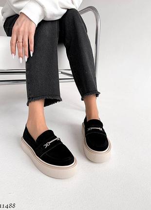 Женские лоферы на утолщенной подошве, платформе из натуральной замши черные, жанкие...