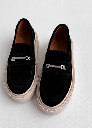 Женские лоферы на утолщенной подошве, платформе из натуральной замши черные, жанкие...