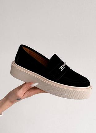 Женские лоферы на утолщенной подошве, платформе из натуральной замши черные, жанкие...