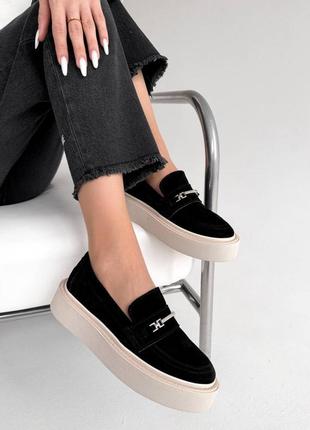 Женские лоферы на утолщенной подошве, платформе из натуральной замши черные, жанкие...