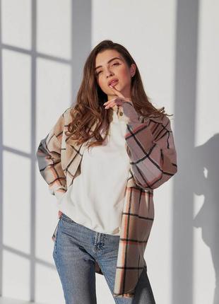 Тепла картата сорочка бежева з вовною | 84284