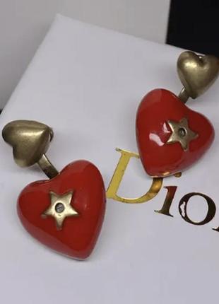Сережки-сердца диор в красном цвете, позолота 18к