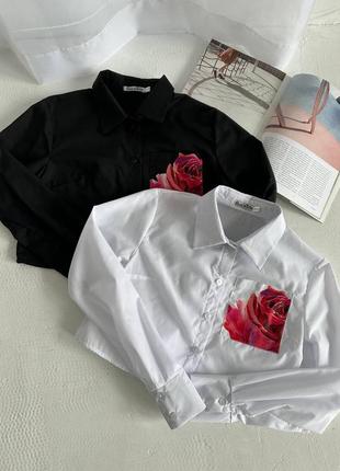 Сорочка вкорочена укорочена жіноча принт троянда роза квітковий на ґудзиках бавовна рубашка коротка блуза блузка шкільна