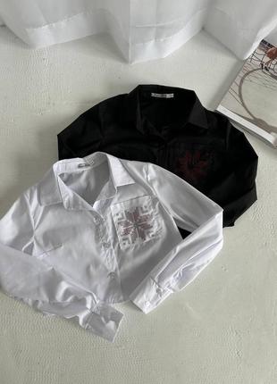 Сорочка жіноча вкорочена укорочена бавовна із орнаментом зі страз вишивка на ґудзиках рубашка коротка вишиванка шкільна для дівчат