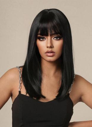 Парик с челкой средней длины прямой черный (lc342)