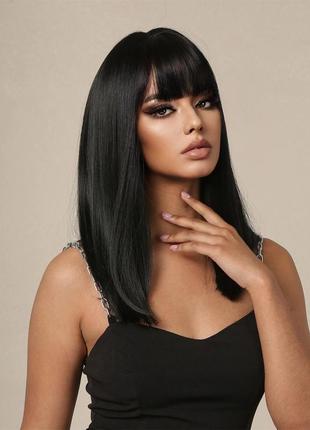 Парик с челкой средней длины прямой черный (lc342)