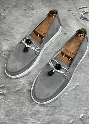 Лоферы мужские из натуральной замши, крутые удобные туфли, мокасины серого цвета цвета цвета2 фото
