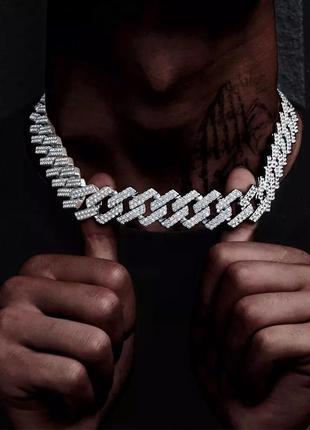 Мужская стальная цепочка, серебряная цепь на шею 12 мм с инкрустацией